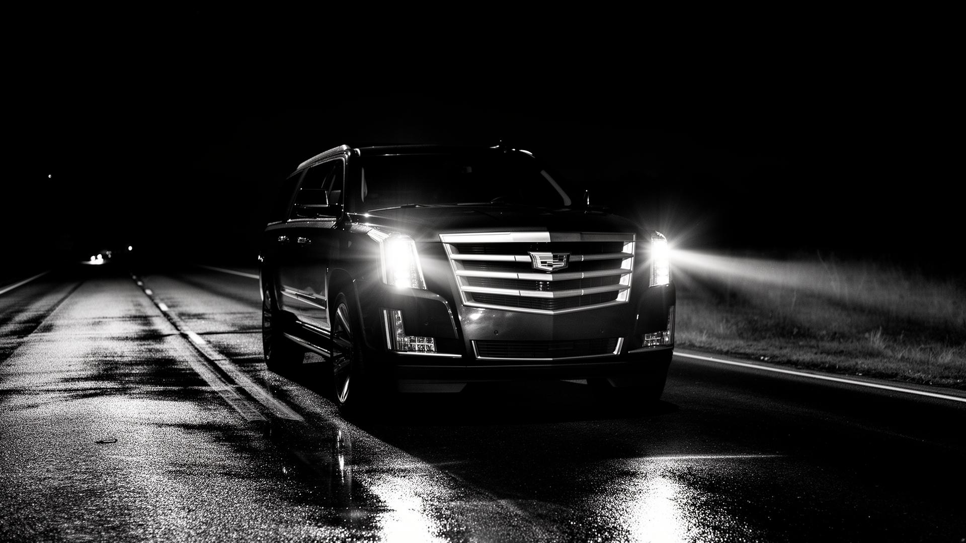 Cadillac Escalade ESV on an empty road at night